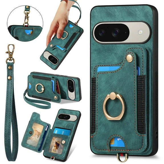 for Google Pixel 10 / 10 Pro Phone Case Wallet with Card Holder,PU Leather Flip Folio Case,RFID Blocking Ring Holder Kickstand Wrist Strap Magnetic Protective Women Men Cover,Green