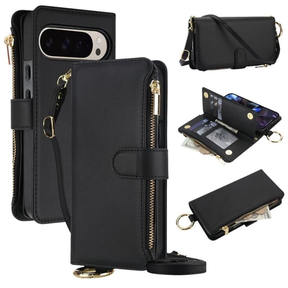 For Google Pixel 10 / 10 Pro RFID Blocking Protective Purse Wallet Case Magnetic Flip Cover Multi-Card Slots Zipper Pocket With Metal Ring Buckle Detachable Shoulder Strap And Wrist Strap,Black
