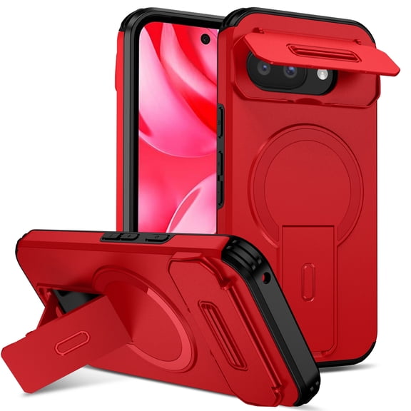 For Google Pixel 10 /10 Pro Rugged Phone Case,With Invisible Kickstand,Compatible with Mag-Safe,With Camera Lens Cover,Shockproof Anti-Scratch Drop Protection Durable Heavy Duty Phone Case,Red