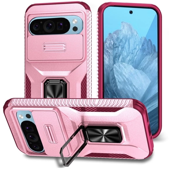 For Google Pixel 10 / 10 Pro Slim Fit Shockproof Hybrid with Slide Camera Cover & Rotated Ring Kickstand, [Military-Grade] Phone Case For Google Pixel 10 / 10 Pro 6.3",Pink