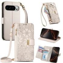 For Google Pixel 10 /10 Pro Wallet Case Cash Pocket Zipper Slot【RFID Blocking】Flip Stand Magnetic Folio Wrist Strap Book PU Leather Cute Flower Pattern Phone Shockproof Cover Women Girls,Beige