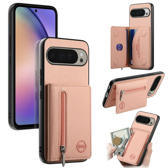 for Google Pixel 10 /10 Pro Wallet Case, Classic Denim Texture PU Leather RFID Blocking Zipper Pocket Card Slots with Kickstand, Shockproof Anti-Scratch Protective Magnetic Anti-Slip Back Case, Pink