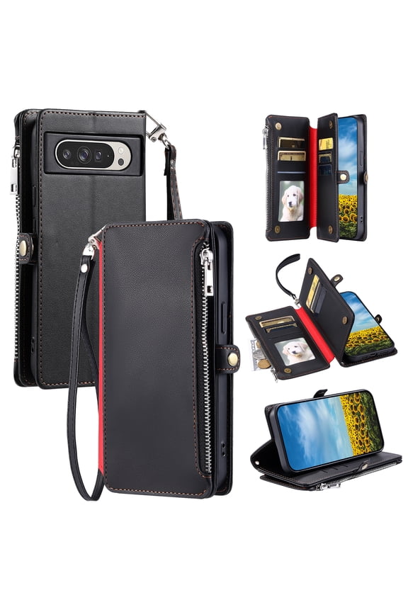 For Google Pixel 10 /10 Pro Wallet Case – Crossbody Strap+Hand Lanyard & Zipper Pocket Credit Card Slots,Drop Tested PU Leather Magnetic Folio Cover with RFID Blocking Card Holder Case,Black
