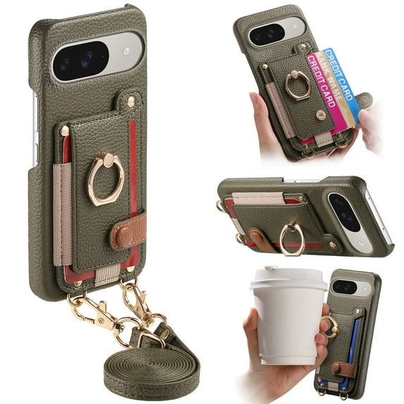 for Google Pixel 10 /10 Pro Wallet Case with Elastic Card Holder & 360° Rotatable Ring Stand, Vintage PU Leather Kickstand Slim Fit Shockproof Cover with Shoulder Strap - Midnightgreen