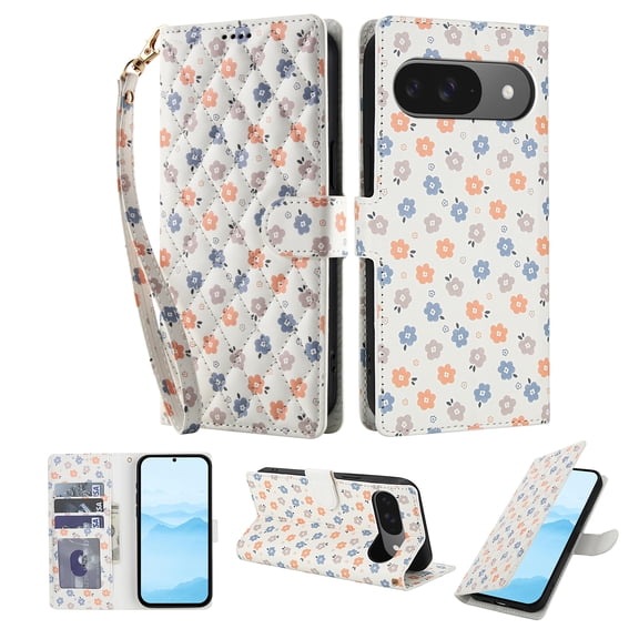 for Google Pixel 10 / 10 Pro Wallet Case with Wrist Strap, Women Girls Flower Pattern PU Leather Shockproof Protective Folio Cover with Card Holder Kickstand for Google Pixel 9 / 9 Pro, Pattern-B