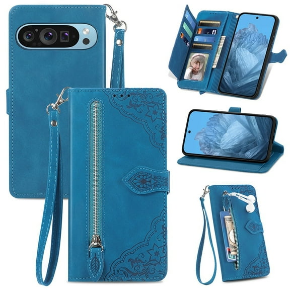 For Google Pixel 10 6.3 inch Case, Wallet for Women Men, Durable PU Leather Magnetic Flip Lanyard Strap Wristlet Zipper Card Holder Wallet Phone Case for Google Pixel 10,Blue,For Google Pixel 10