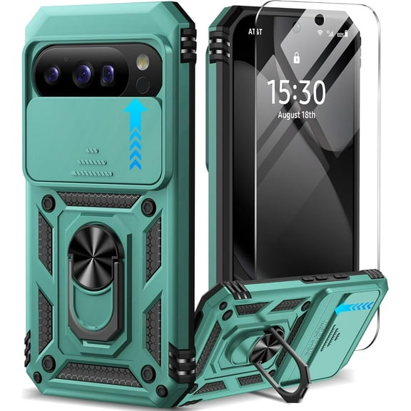 for Google Pixel 10 Case/Pixel 10 Pro Case with Screen Protector & Slide Camera Lens Cover,Built-in Ring Stand Protective Phone Case for Pixel 10 Case/Google Pixel 10 Pro Case (Green)