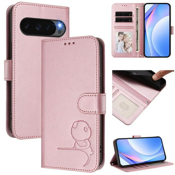 For Google Pixel 10 Litter Panda Embossing Leather Phone Case with RFID Blocking Card Slot Wallet Magnetic Clasp Lanyard Flip Stand Case,Pink,For Google Pixel 10