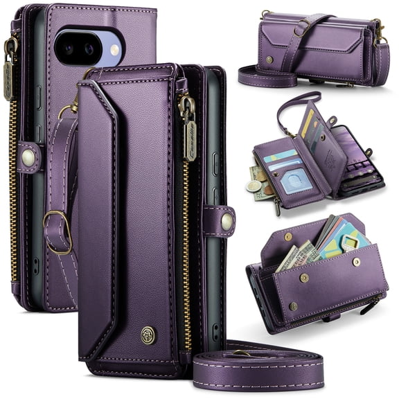 for Google Pixel 10 A Phone Case, Women Men Multi-Function Wallet Case with Stand RFID Blocking Featuring Magnetic Closure Zipper Includes Shoulder Strap Wrist Strap,Purple