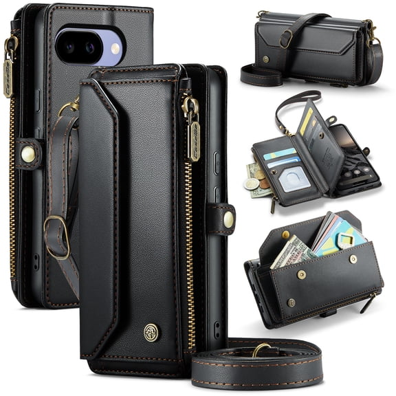 for Google Pixel 10 A Phone Case, Women Men Multi-Function Wallet Case with Stand RFID Blocking Featuring Magnetic Closure Zipper Includes Shoulder Strap Wrist Strap,Black