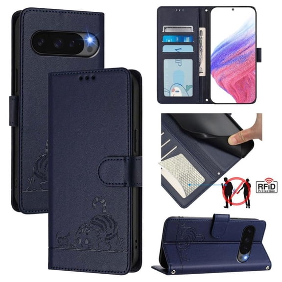 For Google Pixel 10 / Pixel 10 Pro 6.3" RFID Blocking Protective Purse Case Cat Embossed Strong Magnetic Attachment/Closure, Card Slots/Pocket, PU Leather Flip Wallet Case With Hanging Rope,Blue