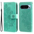 thumbnail image 1 of For Google Pixel 10/Pixel 10 Pro 6.3" Seven Petal Flower Embossed Strong Magnetic Attachment/Closure, Card Slots/Pocket, PU Leather Flip Wallet Case With Hanging Rope,Green, 1 of 8
