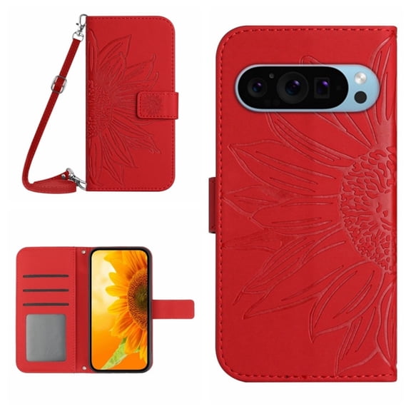 For Google Pixel 10 / Pixel 10 Pro 6.3" Sunflower  Embossed Strong Magnetic Attachment/Closure, Card Slots/Pocket, PU Leather Flip Wallet Case With Adjustable Shoulder Strap,Red,For Pixel 10 / 10 Pro