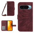 thumbnail image 1 of For Google Pixel 10 / Pixel 10 Pro 6.3" Sunflower  Embossed Strong Magnetic Attachment/Closure, Card Slots/Pocket, PU Leather Flip Wallet Case With Adjustable Shoulder Strap,Wine red, 1 of 10