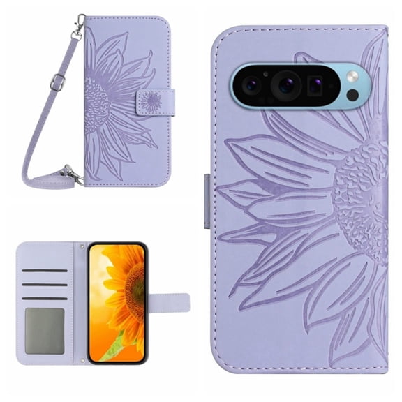 For Google Pixel 10 / Pixel 10 Pro 6.3" Sunflower  Embossed Strong Magnetic Attachment/Closure, Card Slots/Pocket, PU Leather Flip Wallet Case With Adjustable Shoulder Strap,Purple