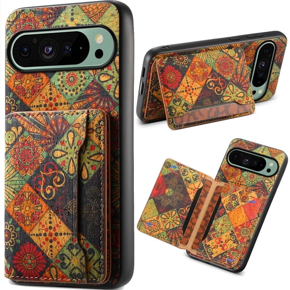 for Google Pixel 10/Pixel 10Pro Cork Wood Phone Case Retro Colorful Flower Floral Printed Back Cover, Multiple Magnetic Folio Flip ID Credit Card Holder Slot, Kickstand Support