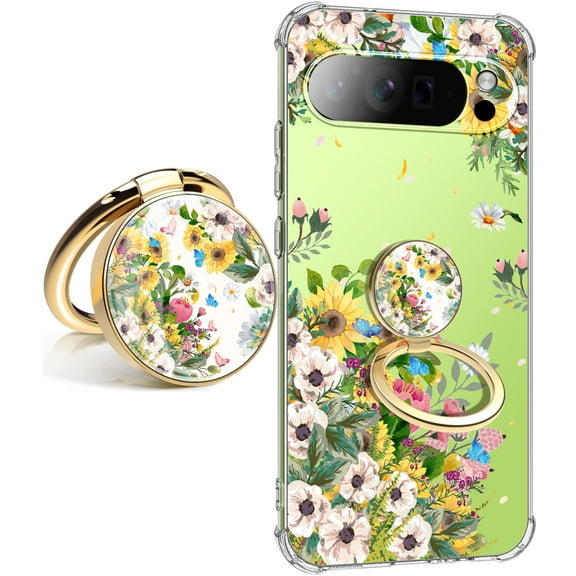 for Google Pixel 10 Pro Case Camera Lens Protector, [Flowers Slim]+[Anti-Drop Shockproof Protective] Soft TPU Women Stylish Pixel 10 Phone Covers 6.3 Inch（Flowers Sea with Holder）