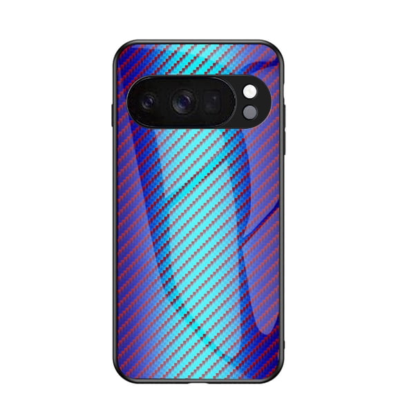 for Google Pixel 10 Pro Case, Carbon Fiber Pattern Tempered Glass Phone Case, Lightweight Slim Shockproof Protective Cover, Anti-Scratch Stained Glass Shell for Google Pixel 10 Pro, Blue