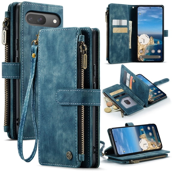 For Google Pixel 10 Pro Wallet Case with Card Slots, Leather Detachable Wristlet Strap 3-in-1 Zipper Pocket and Magnetic Flip Folio, RFID Blocking Card Holder Stand Case for Women and Men,Blue