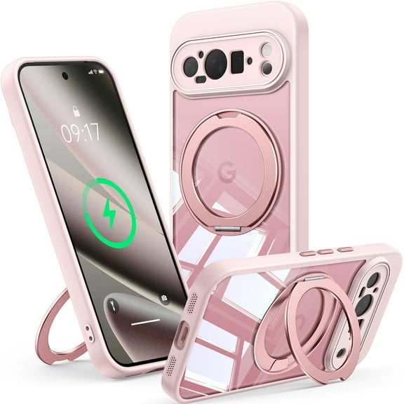 JETeacka for Google Pixel 10 Pro XL Case, Mag-Safe Compatible 360° Rotatable Stand, Lens Protection Shockproof Magnetic Anti-Yellowing, Pink