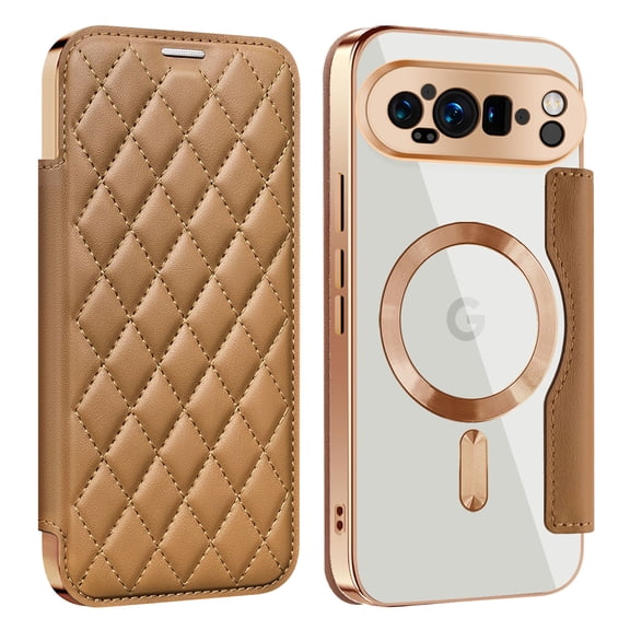 for Google Pixel 10 Pro XL Case Compatible with Magsafe, Slim Fit Flip Protective PU Leather Wallet Case with RFID Blocking Card Slot Build-in Len Protector for Google Pixel 10 Pro XL, Brown