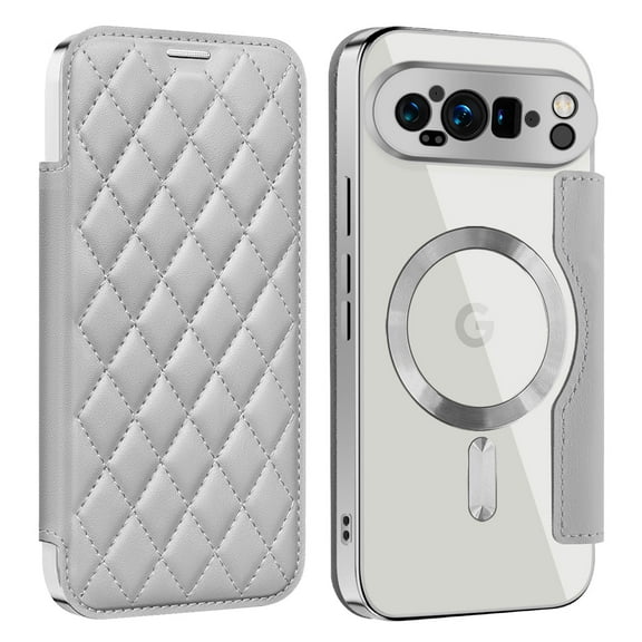for Google Pixel 10 Pro XL Case Compatible with Magsafe, Slim Fit Flip Protective PU Leather Wallet Case with RFID Blocking Card Slot Build-in Len Protector for Google Pixel 10 Pro XL, Gray