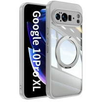 for Google Pixel 10 Pro XL Case with Magnetic Rotating Ring Stand, Crystal Clear Design Drop Protection Non-Yellowing Shockproof Tempered Glass Back Cover for Google Pixel 10 Pro XL, Gray