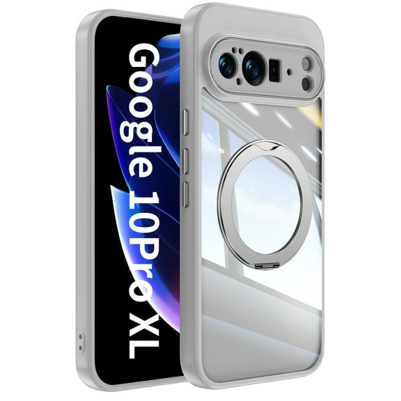 for Google Pixel 10 Pro XL Case with Magnetic Rotating Ring Stand, Crystal Clear Design Drop Protection Non-Yellowing Shockproof Tempered Glass Back Cover for Google Pixel 10 Pro XL, Gray