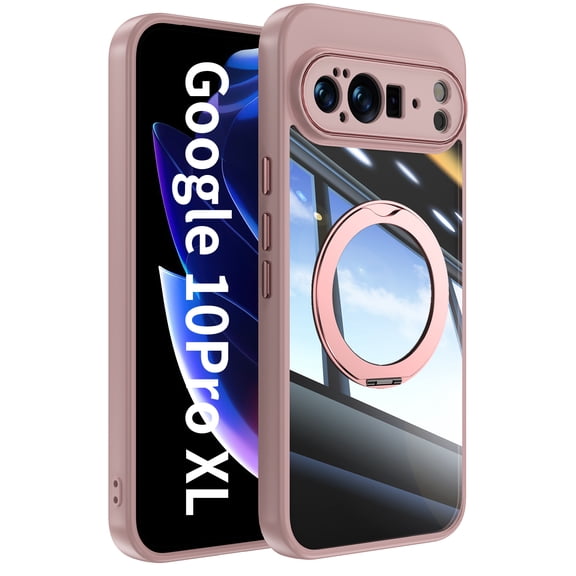 for Google Pixel 10 Pro XL Case with Magnetic Rotating Ring Stand, Crystal Clear Design Drop Protection Non-Yellowing Shockproof Tempered Glass Back Cover for Google Pixel 10 Pro XL, Pink