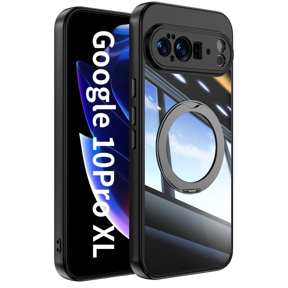 for Google Pixel 10 Pro XL Case with Magnetic Rotating Ring Stand, Crystal Clear Design Drop Protection Non-Yellowing Shockproof Tempered Glass Back Cover for Google Pixel 10 Pro XL, Black