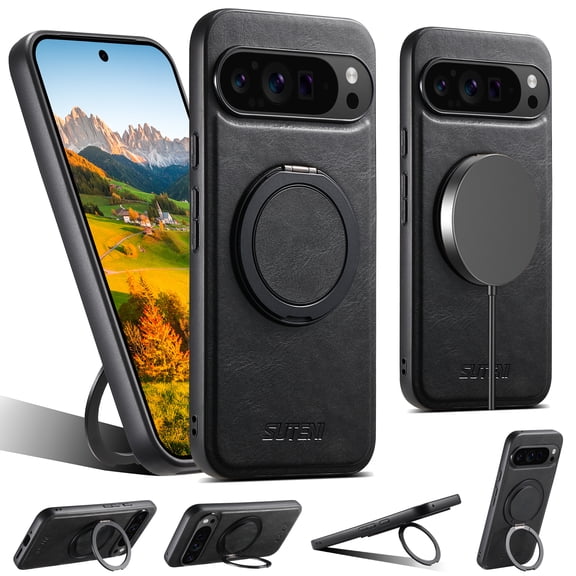 for Google Pixel 10 Pro XL Case PU Leather, [Compatible with MagSafe] [360° Rotatable Ring Kickstand] Cover for Google Pixel 10 Pro XL Lightweight Anti-Fall Phone Case Magnetic Ultra Slim - Black