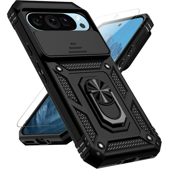 for Google Pixel 10 Pro XL Case: with Slide Camera Cover HD Screen Protector [Military Grade 16ft. Drop Tested] Magnetic Ring Holder Kickstand Protective Phone Case for Google Pixel 10 Pro XL, Black