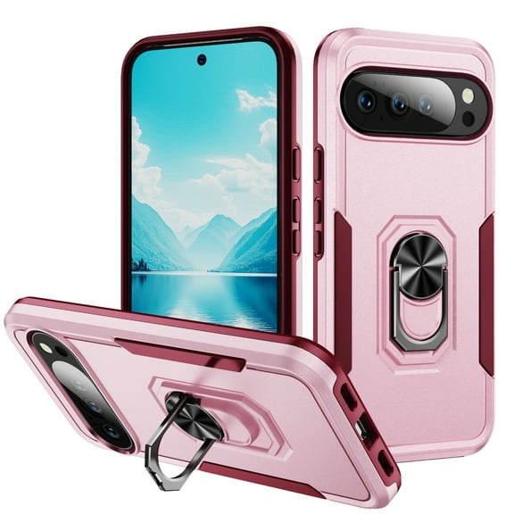 for Google Pixel 10 Pro XL Case, Slim Fit Military Grade Drop Tested Dual Layer Shockproof Case with 360 Ring Holder Kickstand Protective Rugged Car Magnetic Non-Slip Phone Case,Pink+Rose