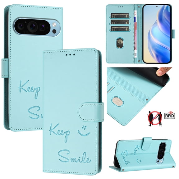 for Google Pixel 10 Pro XL Case Wallet with RFID Blocking Card Holder, Shoulder Strap & Wrist Strap, Smile Pattern PU Leather Magnetic Clasp Flip Purse Case for Google Pixel 10 Pro XL, Mint