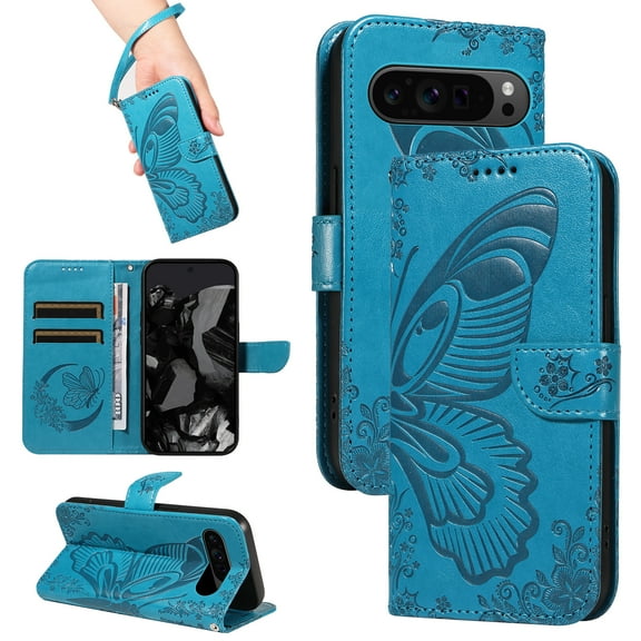 for Google Pixel 10 Pro XL Case Wallet for Women, Flip Folio Cover with Butterfly Pattern PU Leather Stand Card Holder Slots Wrist Strap Protective Phone Case for Google Pixel 10 Pro XL, Blue