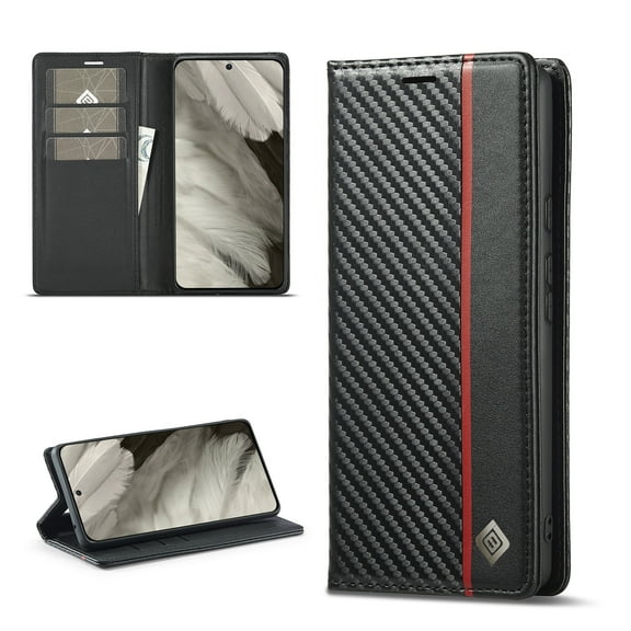 for Google Pixel 10 Pro XL Flip Wallet Case for Women Men, Carbon Fiber PU Leather & Soft TPU Card Holder Stand Magnetic Closure Phone Case Cover for Google Pixel 10 Pro XL, Black Vertical Line