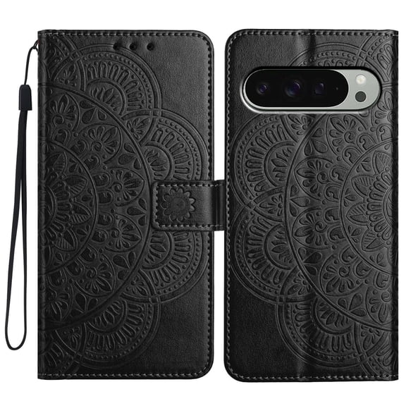 For Google Pixel 10 Pro XL Folio Wallet Case with Wrist Strap, Embossed Sunflower Pattern, Lightweight Protective PU Leather Phone Case with Credit Card/Cash Slots, Magnetic Closure, Black