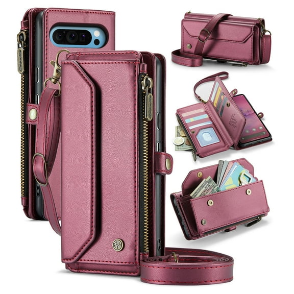for Google Pixel 10 Pro XL Full Body Protection Wallet Folio Flip Case, Shoulder Strap & Wristlet Card Slots Zipper Pocket RFID Blocking Rugged Durable PU Leather Phone Case Cover, Winered