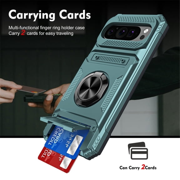 For Google Pixel 10 Pro XL Phone Case with Finger Ring Holder Kickstand, Card Slots，Heavy Duty Shockproof Rugged Protective Working with Magnetic Car Phone Mount,Green,For Pixel 10 Pro XL