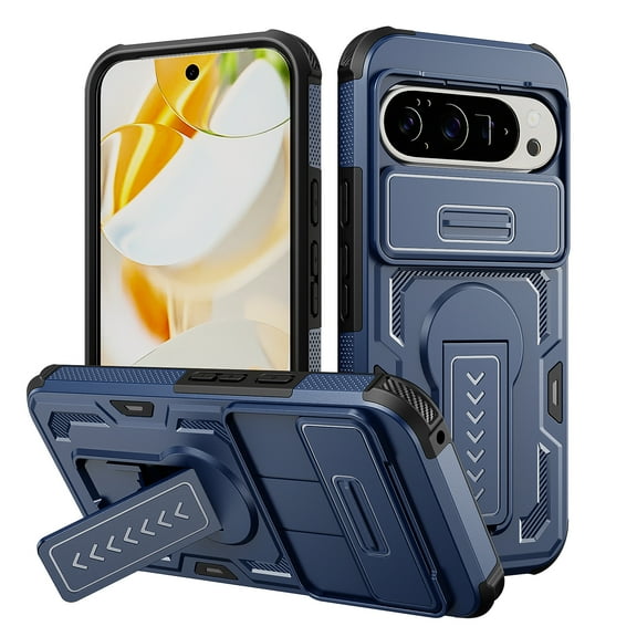 for Google Pixel 10 Pro XL Phone Case with Sliding Camera Cover, Military Grade Shockproof Protection Mobile Case with Kickstand & Matte Textured Rugged TPU PC Protective Hybrid Cover, Blue