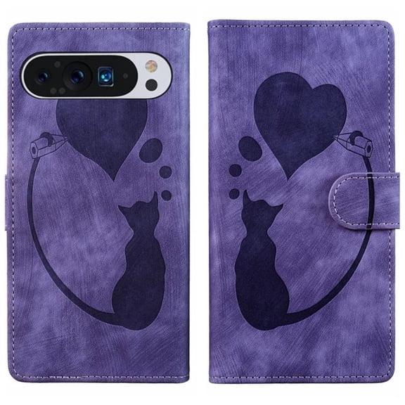For Google Pixel 10 Pro XL , Pixel 9 Pro XL 6.8" Cat Patterned Embossed Strong Magnetic Attachment/Closure, Card Slots/Pocket, PU Leather Flip Wallet Case ﻿,Purple