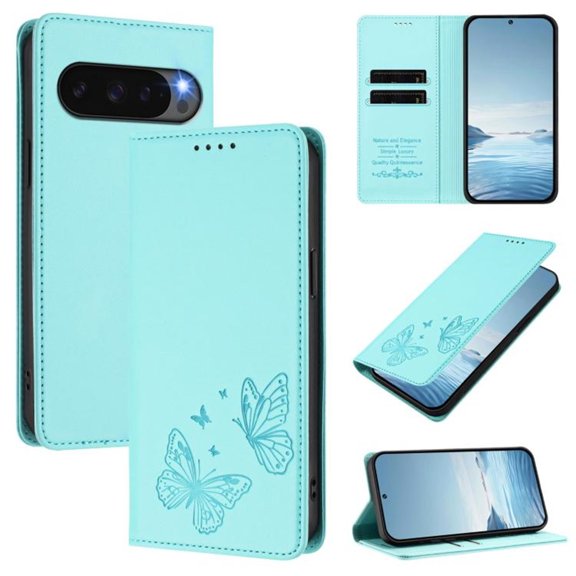 For Google Pixel 10 Pro XL / Pixel 9 Pro XL 6.8" 【RFID Blocking 】Protective Purse Case Double Butterfly Strong Magnetic Attachment/Closure, Card Slots/Pocket, PU Leather Flip Wallet Case,Light green
