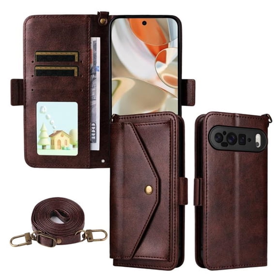 For Google Pixel 10 Pro XL / Pixel 9 Pro XL Vintage Leather Wallet Case For Women Men Multi-Card Slots Hidden Button Pocket Detachable Shoulder Strap ,Shockproof Phone Case,Brown
