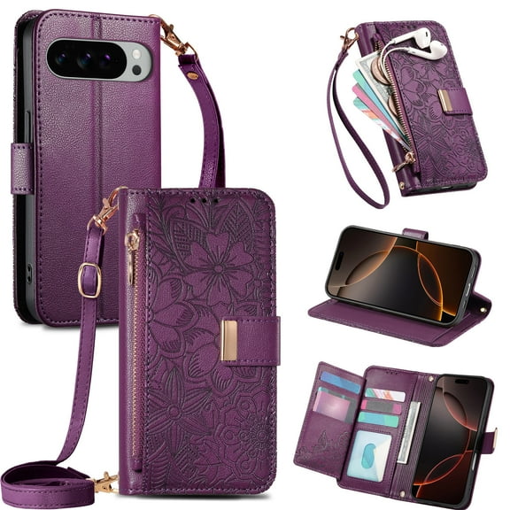 For Google Pixel 10 Pro XL Wallet Case with Card Holder/Cash Slot,RFID Blocking Magnetic Closure Flower Patterned PU Leather Flip Kickstand Shoulder Strap & Wrist Lanyard Zipper Pocket Cover,Purple
