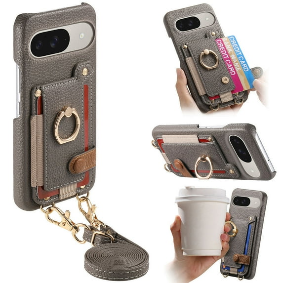 for Google Pixel 10 Pro XL Wallet Case with Elastic Card Holder & 360° Rotatable Ring Stand, Vintage PU Leather Kickstand Slim Fit Shockproof Cover with Shoulder Strap - Gray