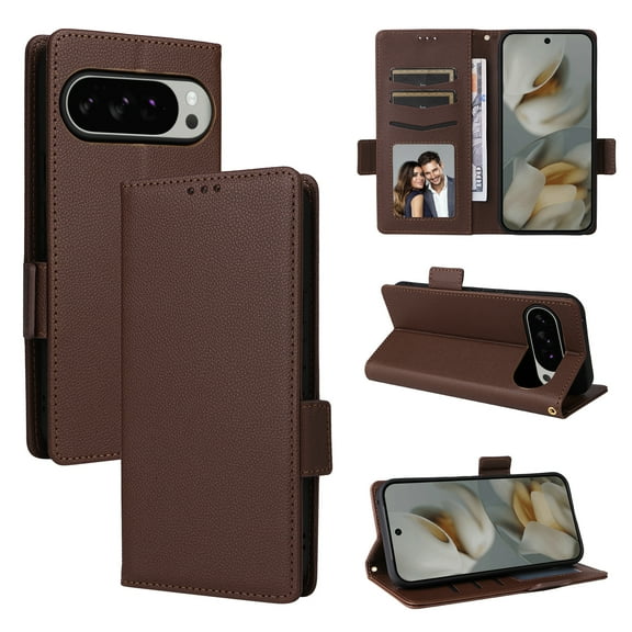for Google Pixel 10 Pro XL Wallet Case, Lychee Pattern PU Leather Purse Cover with Card Holder, Kickstand, Magnetic Clasp, Full Body Shockproof Silicone Inner Shell Protective Phone Case, Brown