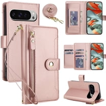 for Google Pixel 10 Pro XL Wallet Case, Multi-Functional PU Leather Flip Cover with Card Holder and Zipper Pocket, Detachable Shoulder & Wrist Strap Secure RFID Blocking Protection,Black/Hot Pink