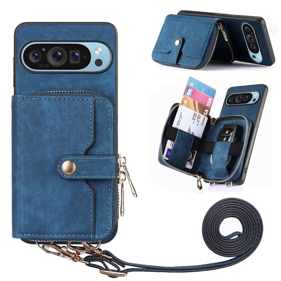for Google Pixel 10 Pro XL Wallet Case, PU Leather Case with Back Card Holder Kickstand, Magnetic Button Flip Folio Shockproof Zipper Crossbody Strap Purse Phone Case for Google Pixel 10 Pro XL, Blue
