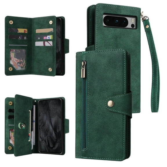 For Google Pixel 10 Pro XL Wallet Case with Zipper Pocket, Luxury PU Leather Flip Cover with Card Slots & Wrist Strap, Shockproof Kickstand Magnetic Buckle Protective Case for Women Men, Green