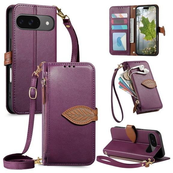 For Google Pixel 10 Pro XL Wallet Phone Case,PU Leather Flip Fold Kickstand,With Wrist Strap+Shoulder Strap,Card Holder,Zipper Pocket,Leaf Design Magnetic Closure Shockproof Durable Case,Purple